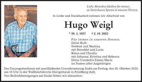 Traueranzeigen Von Hugo Weigl Allg Uer Zeitung