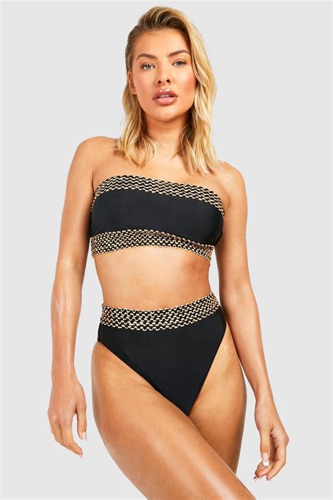 Embellished Trim Bandeau High Waist Bikini Set Boohoo Uk