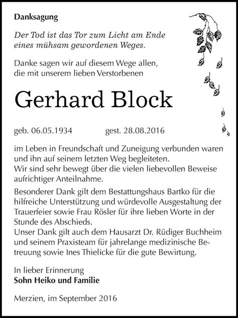 Traueranzeigen Von Gerhard Block Abschied Nehmen De