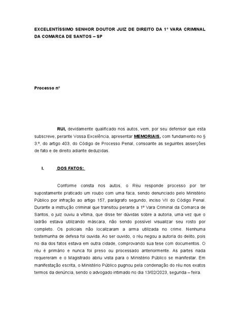 Peça Memoriais Prática Jurídica Penal Pdf Procedimento Criminal