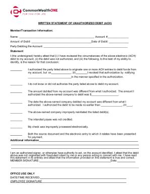 Fillable Online Written Statement Of Unauthorized ACH Transaction Fax