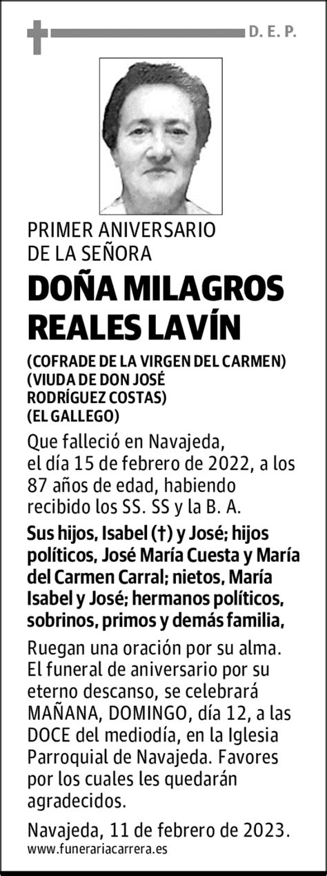 Do A Milagros Reales Lav N Esquela Necrol Gica El Diario Monta S