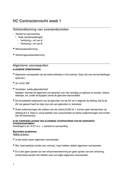 Cr College Aantekening Colleges 1 T M 7 Hc Contractenrecht Week 1