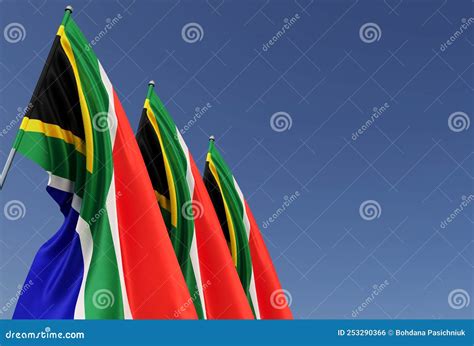 Three South African Flags On A Flagpole On A Blue Background Place For Text The Flag Is