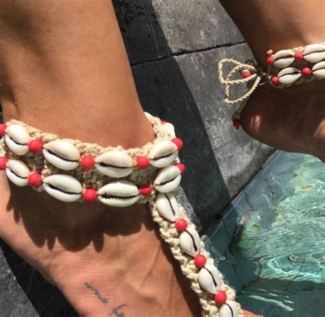 Barefoot Sandal White Crochet Macrame Tie Shell Cowrie Foot Ankle Red