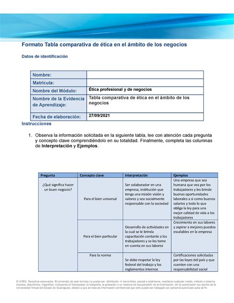 Tabla Comparativa Etica Profesional Y De Negocios Uveg Studocu