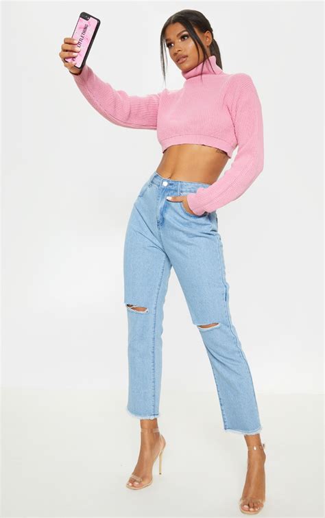 Pink Super Cropped High Neck Knitted Jumper Prettylittlething