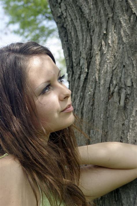 Green Eyed Bared Brunette Near Rock Stock Photo Image Of Hair Happy