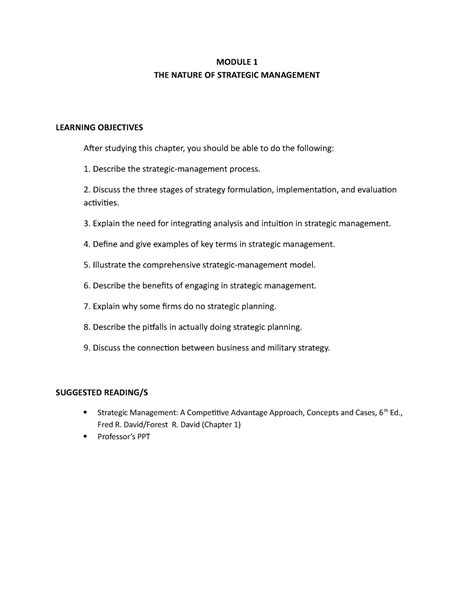 Module The Nature Of Strategic Management Module The Nature Of