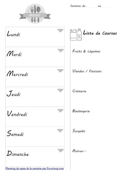 Planificateur menus de la semaine à imprimer Planning PDF vierge