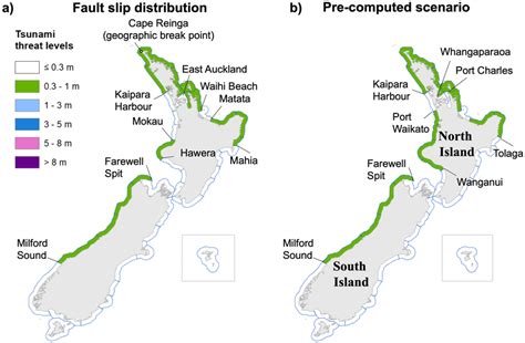 Tsunami threat level maps for New Zealand from (a) a computation using ...