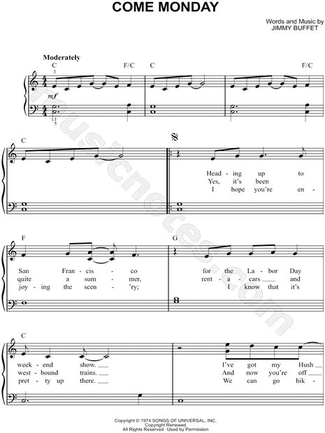 Jimmy Buffett Come Monday Sheet Music Easy Piano In C Major