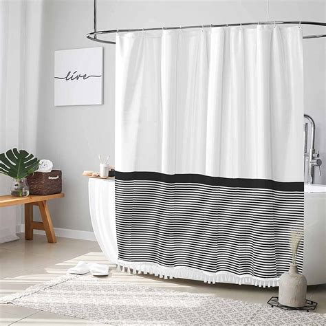 Farmhouse Shower Curtain Striped Tassel Black White Waterproof