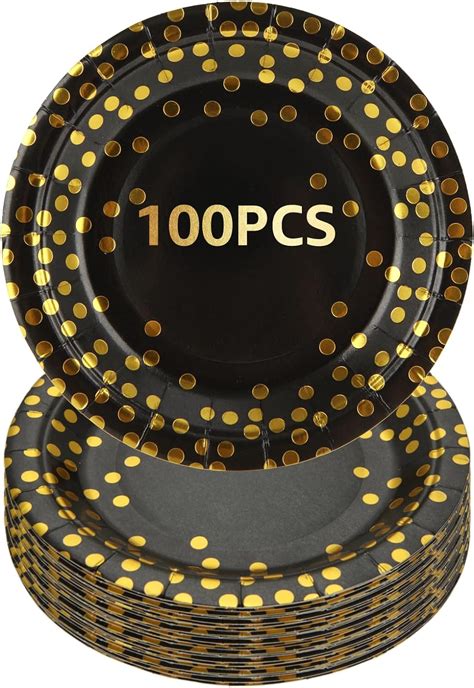 Goyada 100 Pcs Black And Gold Paper Plates 7 Inch Black Party Plates