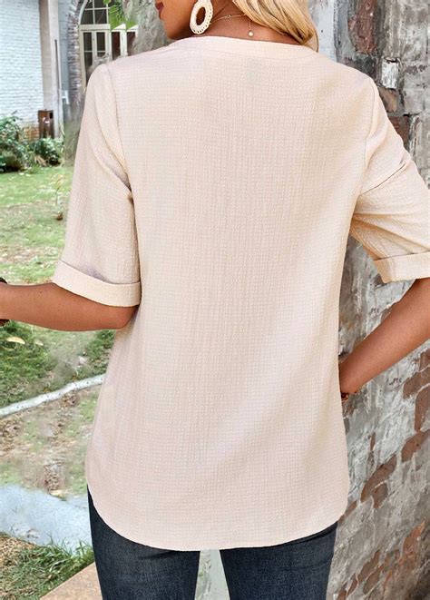 Light Camel Button Half Sleeve Split Neck Blouse Usd 29 98