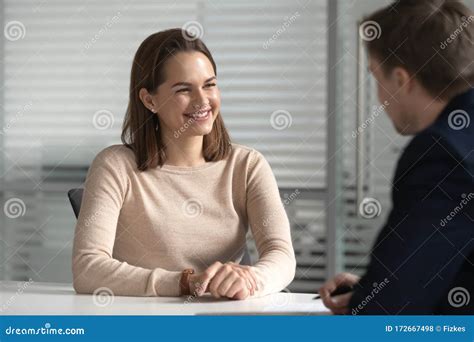 Smiling Female Candidate Make Good First Impression At Interview Stock