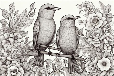 Art Therapy Coloring Page Birds Hand Drawn In Vintage Style With