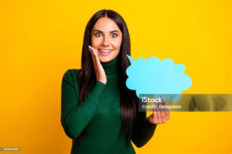 Photo Of Amazed Shocked Young Woman Hold Hand Cheekbone Speech Cloud