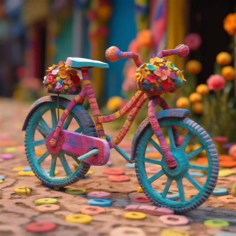 Bicicleta De Colores Brillantes Con Flores En La Rueda Delantera Y Una