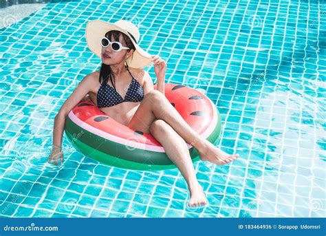 Woman Bikini In Ring Float Inflatable Watermelon Stock Photo Image Of