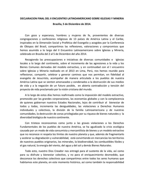 Declaracion Final Del Ii Encuentro Latinoamericano Sobre Iglesias Y Mineria