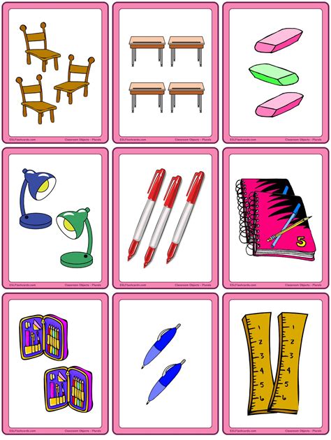 Classroom Objects Plural Nouns Esl Flashcards