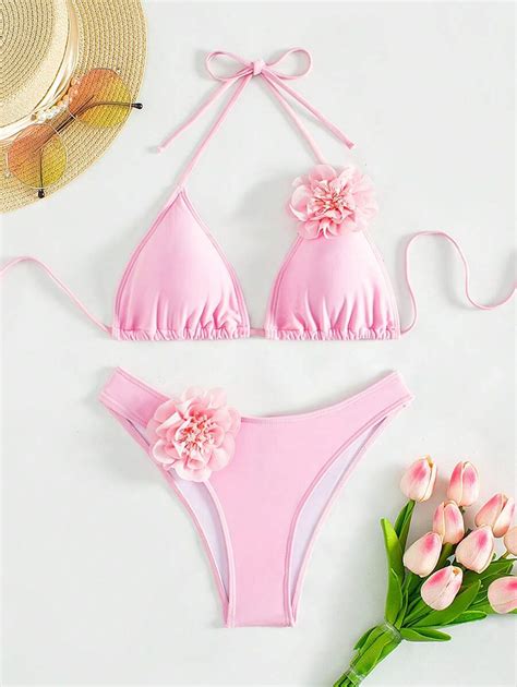 Women S Triangle Halter Bikini Set With D Flower Patched Shein Usa