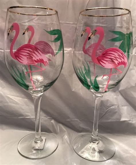 Tabla Home Hand Painted Pink Flamingo Wine Glasses Tropical Set Of