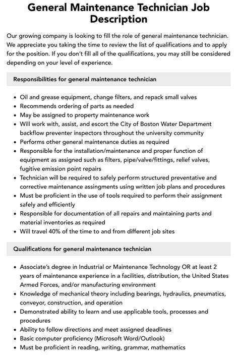 General Maintenance Technician Job Description Velvet Jobs