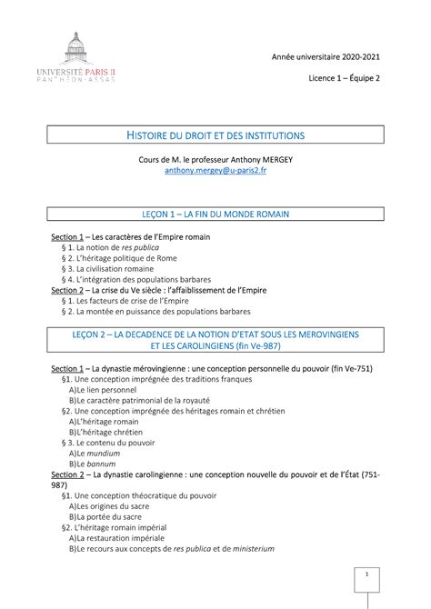 Plan HDI 20 21 plan du cours d histoire du droit assas L1 équipe 2