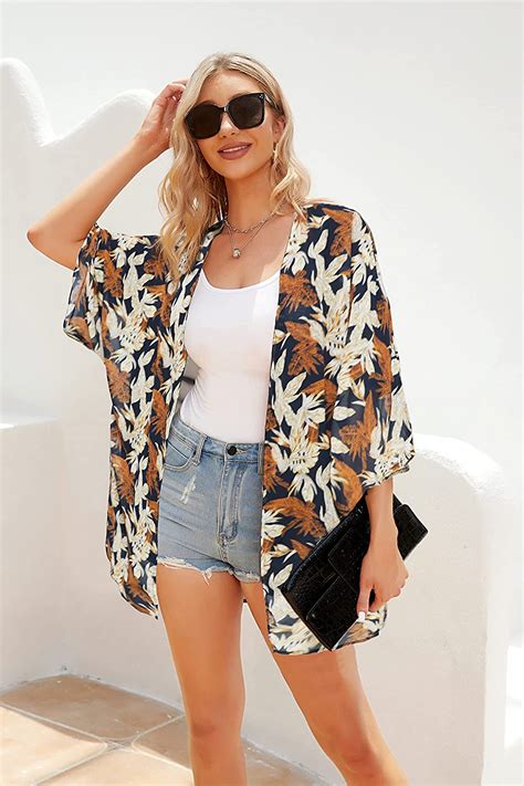 Womens Floral Print Puff Sleeve Kimono Cardigan Loose Cover Up Casual Blouse Tops