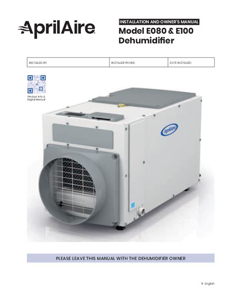 AprilAire E100 Pro 100 Pint Whole House Dehumidifier Owner S Manual