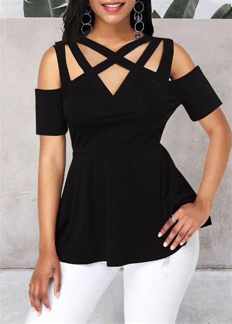 Cold Shoulder Peplum Waist Black Blouse Usd 24 98