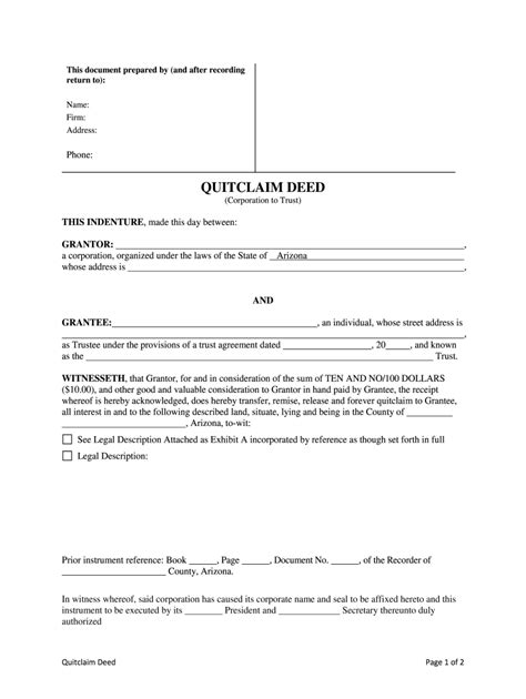 Fill Edit And Print Arizona Quitclaim Deed From Corporation To A Trust