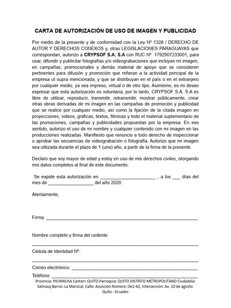 Carta De AutorizaciÓn De Uso De Imagen Y Publicidad Pdf