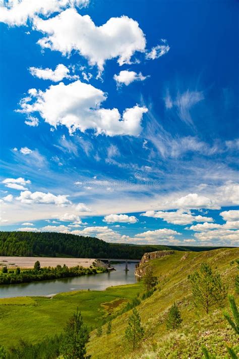 Beautiful Summer Rural Nature Landscape Sunny View Of Blue River And