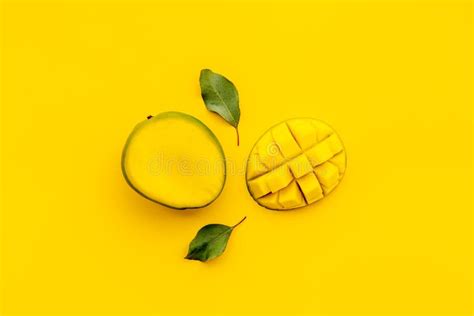 Mango Fruits And Mango Cubes In Bowl Tropical Breakfast Overhead View