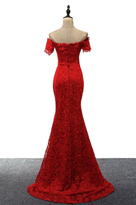 Robe De Cérémonie Rouge Sirène à épaule Dénudée En Dentelle Jmrouge Fr