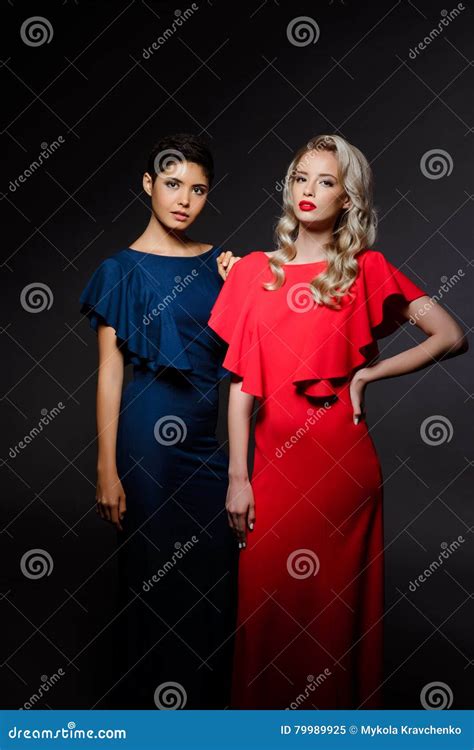 Two Beautiful Girls In Evening Dresses Posing Over Grey Background Stock Image Image Of Grey