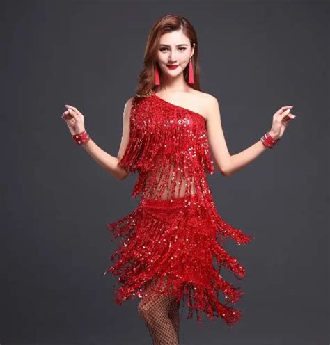 Gold Womens Red Sequin Dance Latin Ballroom Tango Dresses Fringe Salsa