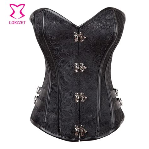 Black Overbust Corset Punk Waist Trainer Corsets Steel Boned Gothic