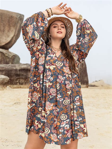 Rusttydustty Plus Floral Print Bishop Sleeve Smock Dress Shein Usa