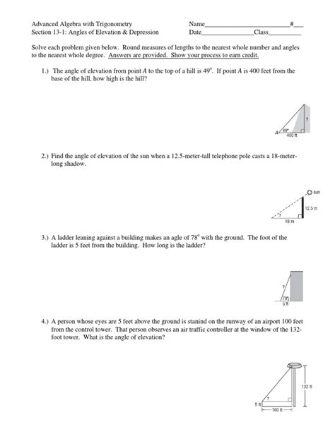 Solved Name Date Angle Of Elevation Depression Worksheet Chegg