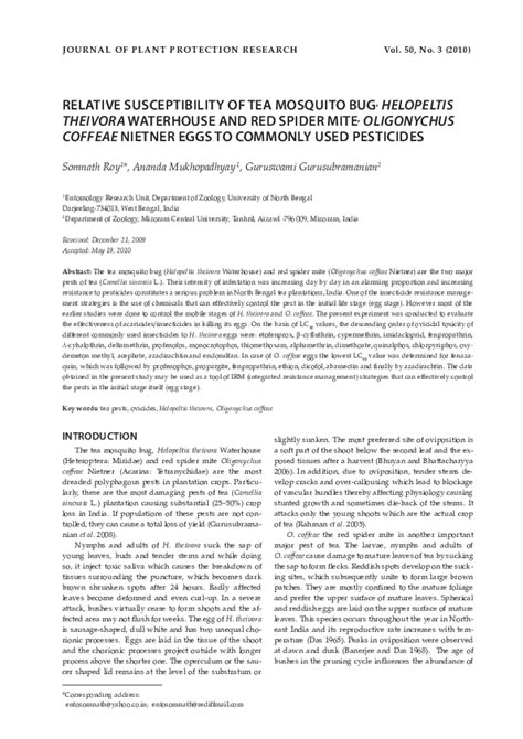 Pdf Relative Susceptibility Of Tea Mosquito Bug Helopeltis Theivora