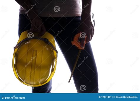 Women Holding Helmet and Measuring Tape in Hand. Craftsman Tool Stock ...