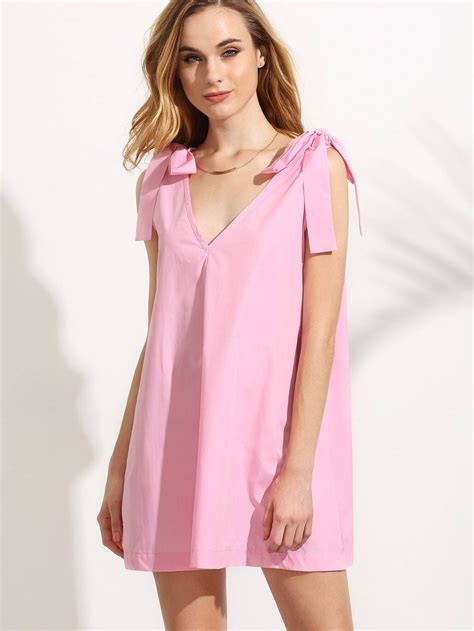 Pink Double V Neck Bow Tie Shoulder Sleeveless Dress SheIn Sheinside