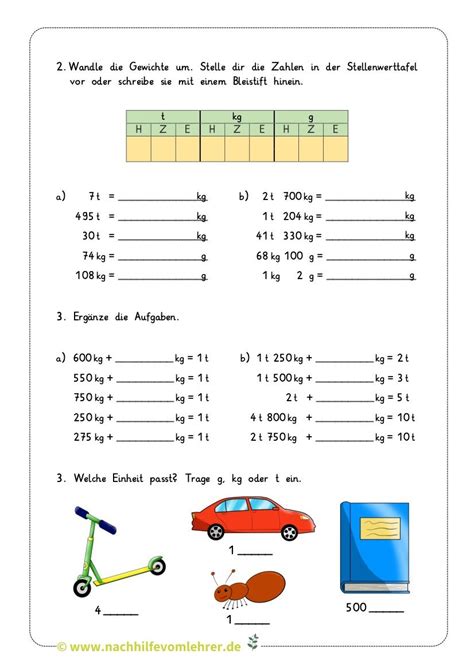 Tonne Kilogramm Gramm Kostenloses Arbeitsblatt Gewichte Massen