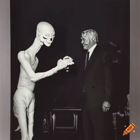 Vintage Photograph Of An Alien Shaking Hands With The President On Craiyon