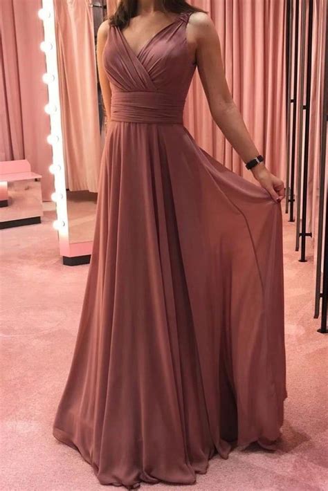 Chiffon Pleated V Neck Long Bridesmaid Dresses With Open Back Chiffon Prom Dress Bridesmaid