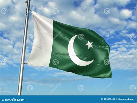 Pakistan Flag Waving With Sky On Background Realistic D Illustration